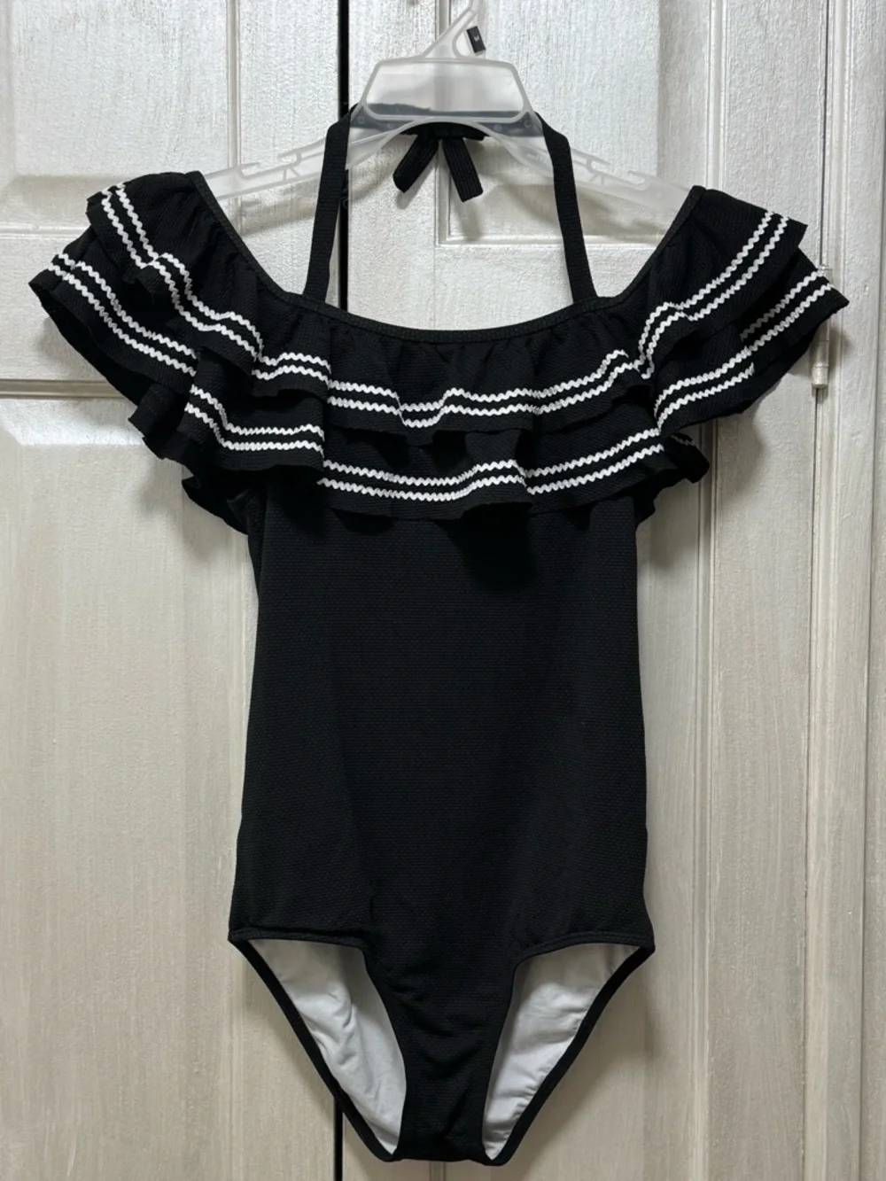 Janie and Jack Girls 16 Black /White Ruffle Ric Rac Trim Swimsuit One Piece